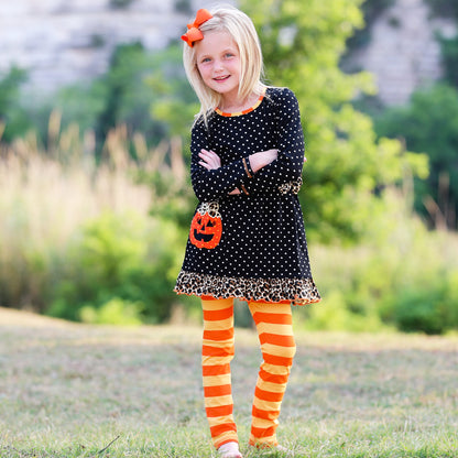 AnnLoren Girls' Halloween Orange Pumpkin Polka Dot Dress & Leggings Outfit
