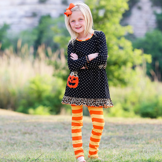AnnLoren Girls' Halloween Orange Pumpkin Polka Dot Dress & Leggings Outfit