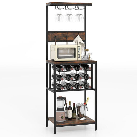 Freestanding Wine Rack Floor Wine Bar Cabinet with Glass Racks-Rustic Brown