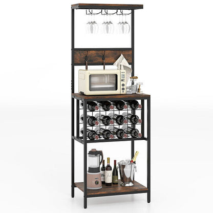 Freestanding Wine Rack Floor Wine Bar Cabinet with Glass Racks-Rustic Brown
