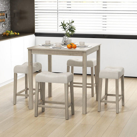 5 Pieces Bar Table Set with Square Table and 4 Padded Stools-Gray