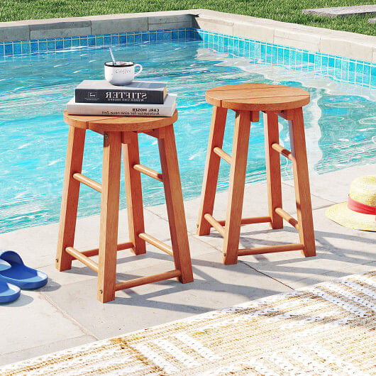 18-Inch Outdoor Wood Bar Stools Set of 2 with Round Seat and Footrest-0