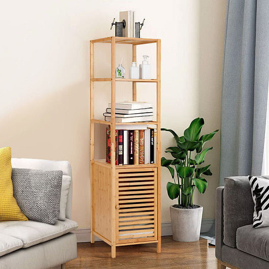 4 Tiers Slim Bamboo Floor Storage Cabinet with Shutter Door and Anti-Toppling Device-Natural-1