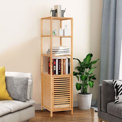 4 Tiers Slim Bamboo Floor Storage Cabinet with Shutter Door and Anti-Toppling Device-Natural-1