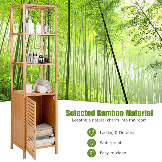 4 Tiers Slim Bamboo Floor Storage Cabinet with Shutter Door and Anti-Toppling Device-Natural-2