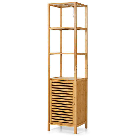 4 Tiers Slim Bamboo Floor Storage Cabinet with Shutter Door and Anti-Toppling Device-Natural-0