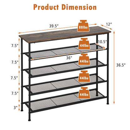 Industrial Adjustable 5-Tier Metal Shoe Rack with 4 Shelves for 16-20 Pairs-2