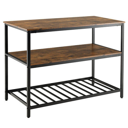 3 Shelves Kitchen Island Industrial Prep Table with Bottom Wine Rack-Rustic Brown-0