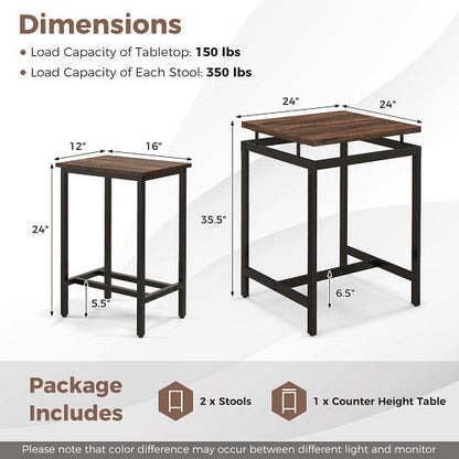 3 Pieces Pub Dining Table Set with Floating Tabletop and Footrest-Rustic Brown