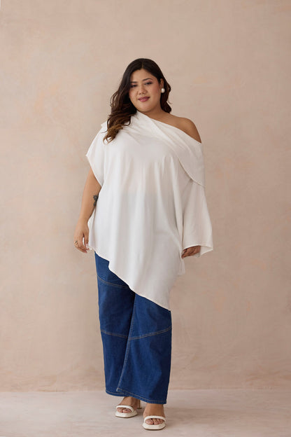 Whisper White One-Shoulder Cowled Shawl Neck Top