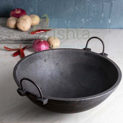 Large Cast Iron Combo: Iron Dosa Tawa, Cast Iron Kadai with Tadka Ladle