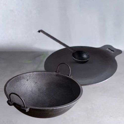 Large Cast Iron Combo: Iron Dosa Tawa, Cast Iron Kadai with Tadka Ladle