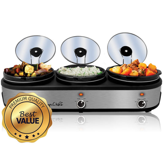 MegaChef Triple 2.5 Quart Slow Cooker and Buffet Server in Brushed Silver and Black Finish with 3 C