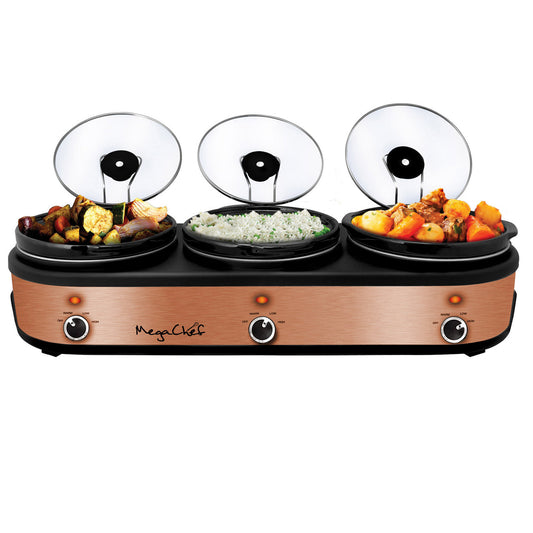 MegaChef Triple 2.5 Quart Slow Cooker and Buffet Server in Brushed Copper and Black Finish with 3 C