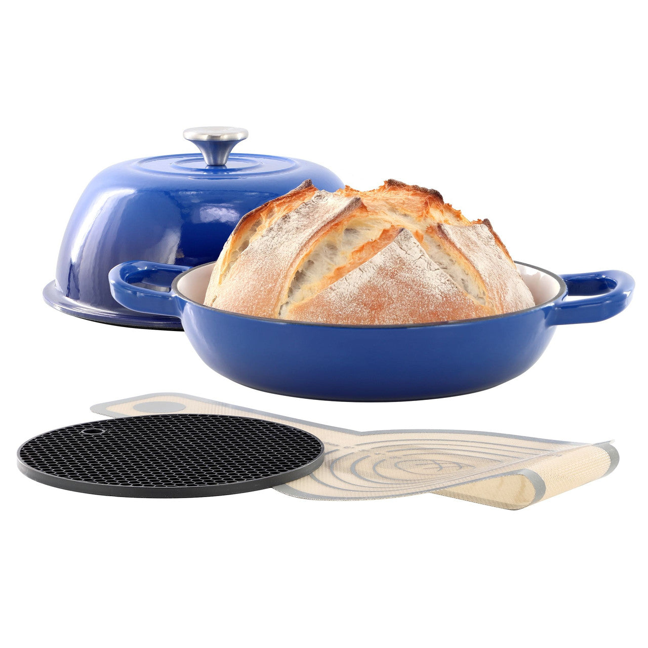MegaChef 6 Quart Enameled Cast Iron Bread Pot in Blue with Baking Mat
