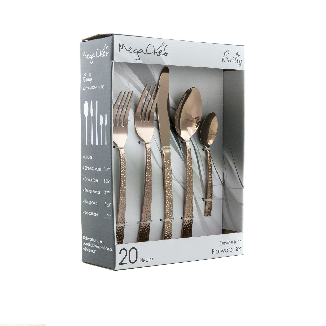 MegaChef Baily 20 Piece Flatware Utensil Set, Stainless Steel Silverware Metal Service for 4 in Ros-0