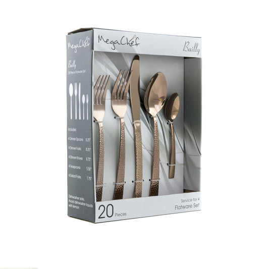 MegaChef Baily 20 Piece Flatware Utensil Set, Stainless Steel Silverware Metal Service for 4 in Ros-0