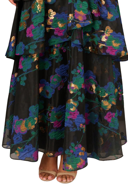 Aidan Mattox Floral Jacquard One Shoulder Sleeveless Asymmetrical Drop Waist Tiered Gown-2