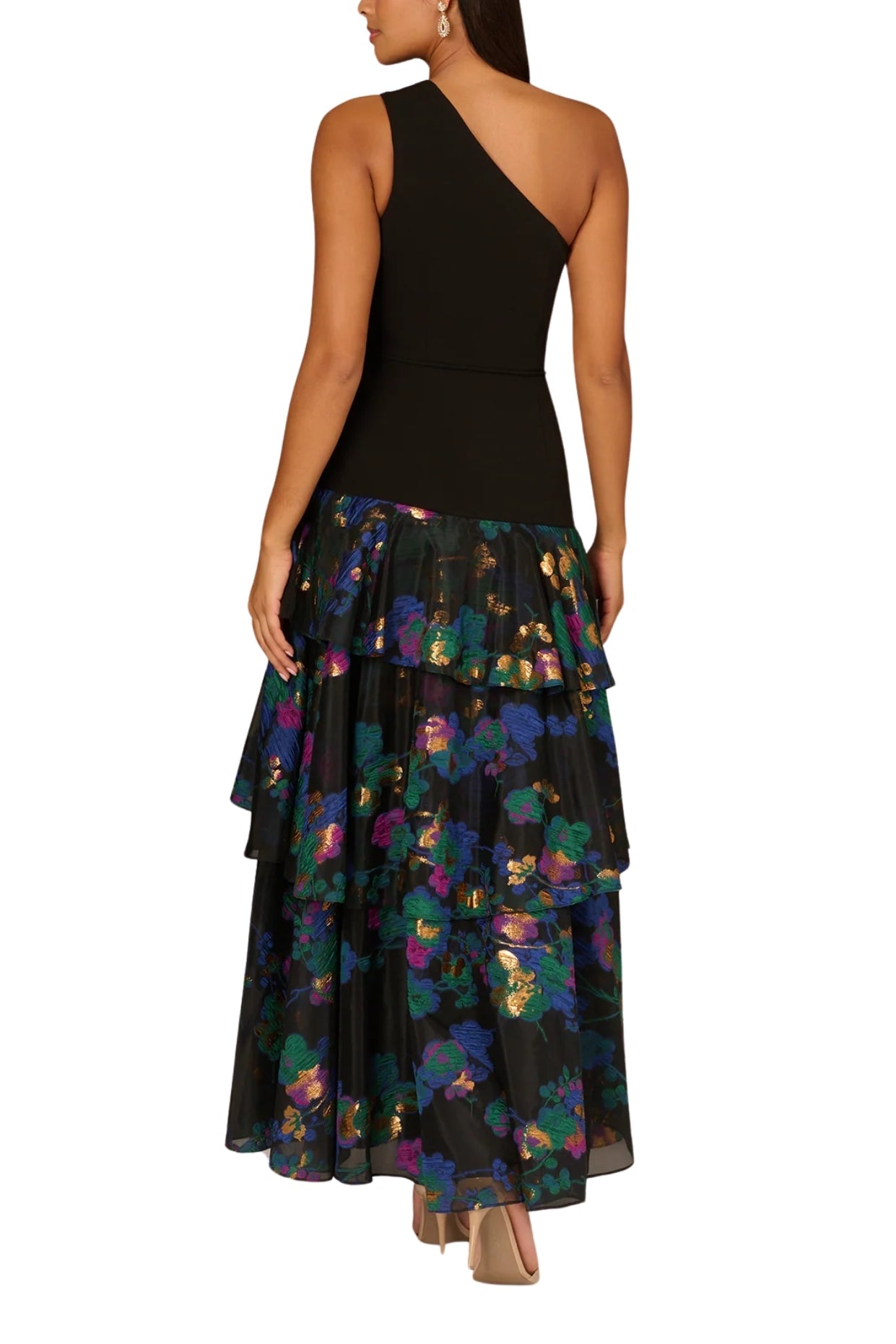 Aidan Mattox Floral Jacquard One Shoulder Sleeveless Asymmetrical Drop Waist Tiered Gown-1