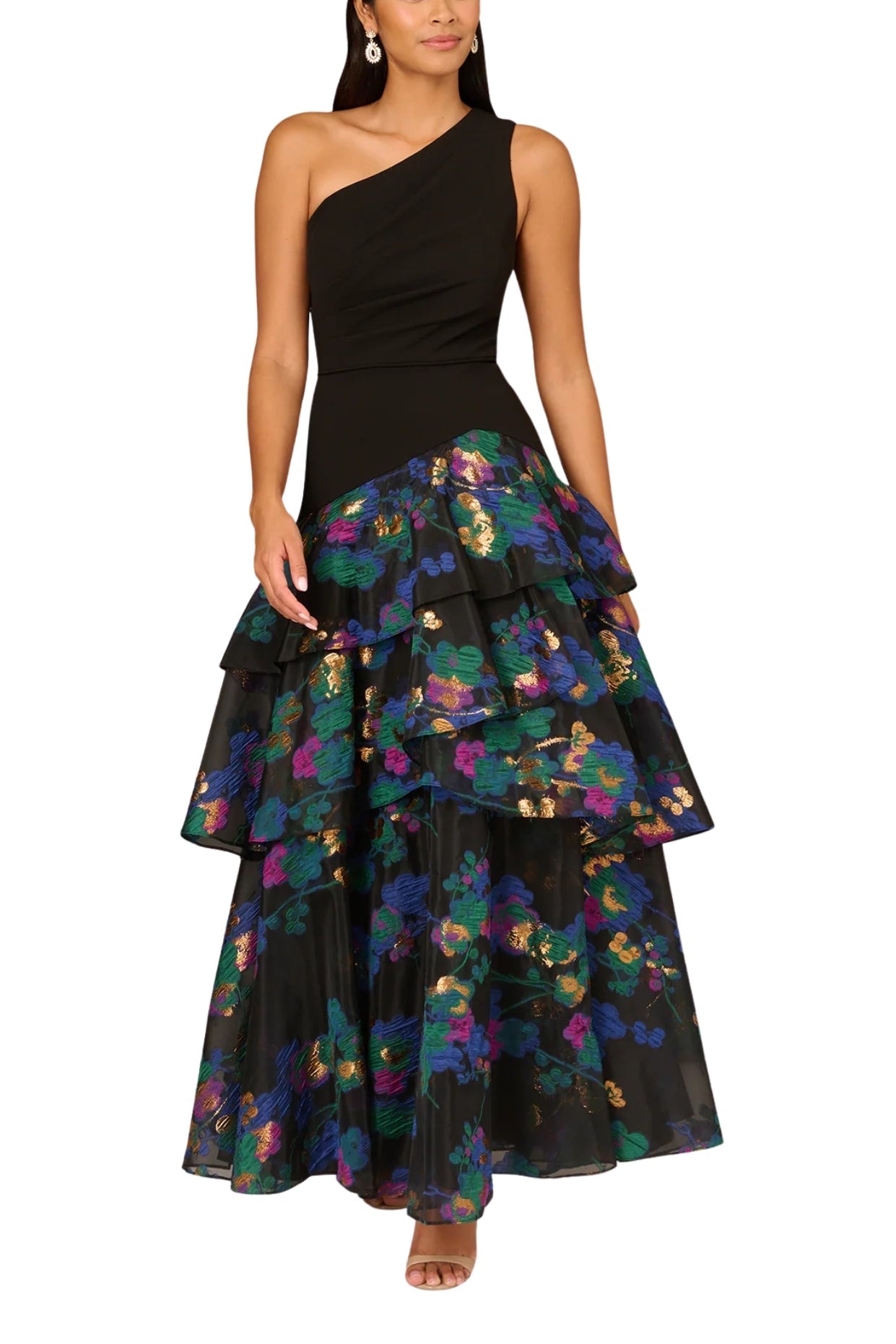 Aidan Mattox Floral Jacquard One Shoulder Sleeveless Asymmetrical Drop Waist Tiered Gown-0
