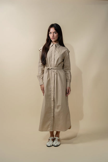 Button Overlay Shirtdress-Tan