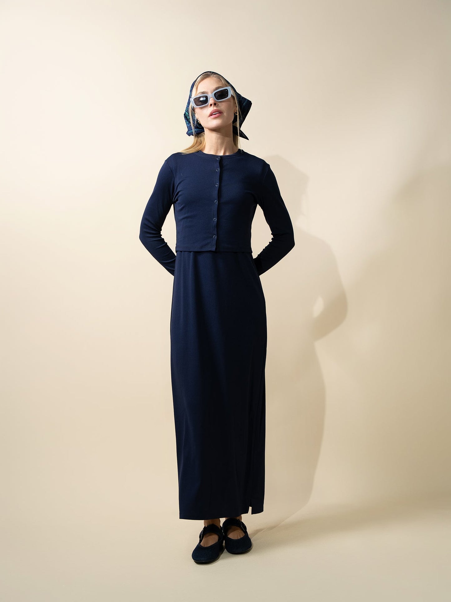 Basic T-Shirt Slip Dress-Navy