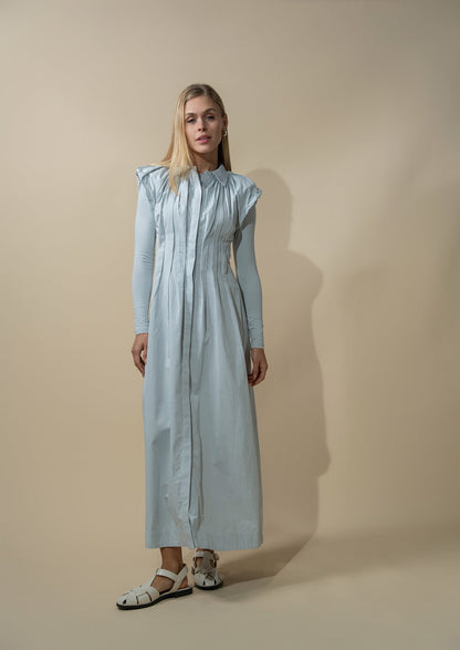Pleat Front Button Down Dress-Light Blue