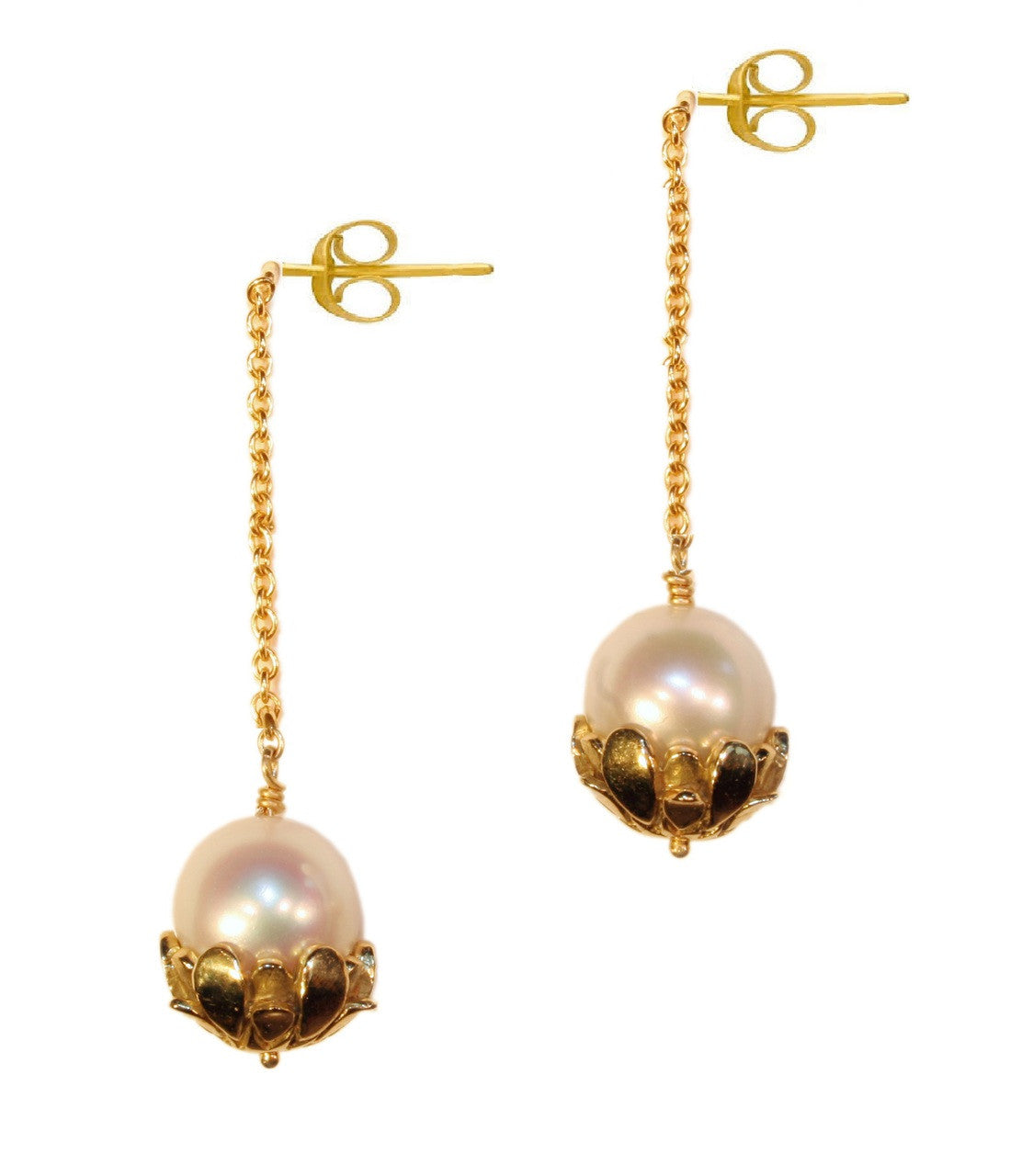 Pearl Drop Earrings-Flower caps in 14K gold with pearls.