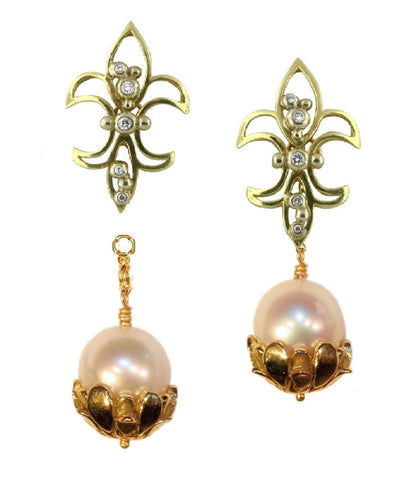 Pearl Drop Earrings-Flower caps in 14K gold with pearls.