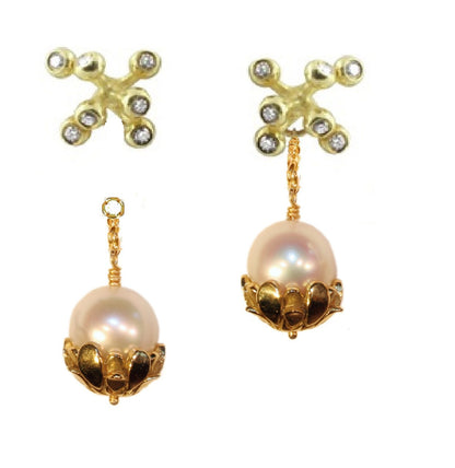 Pearl Drop Earrings-Flower caps in 14K gold with pearls.