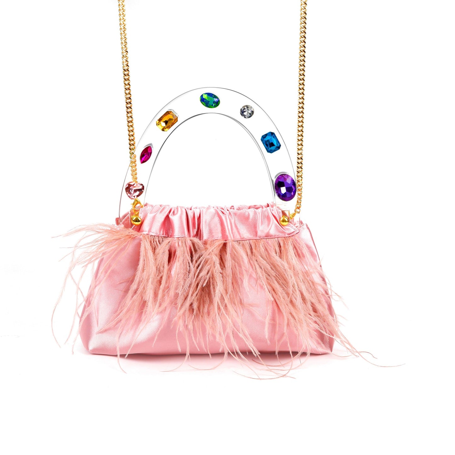 Pink Diamond-Adorned Feather Elegance Acrylic Top handle Handbag