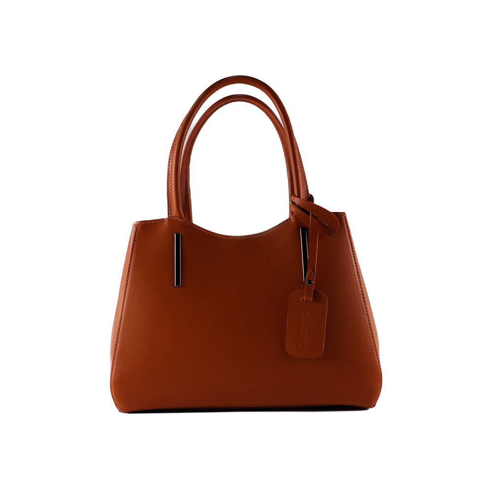 RB1004AM | Genuine Leather Handbag Made in Italy with Removable Shoulder Strap and Metal Snap Hook Attachments - Gunmetal - Paprika Color - Dimensions: 33 x 25 x 15 cm + Handles 13 cm