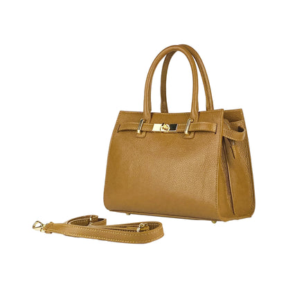 RB1016S | Women's Genuine Leather Handbag Made in Italy with Removable Shoulder Strap. Attachments with Shiny Gold Metal Snap Hooks - Cognac Color - Dimensions: 28 x 20 x 14 + 12.5 cm