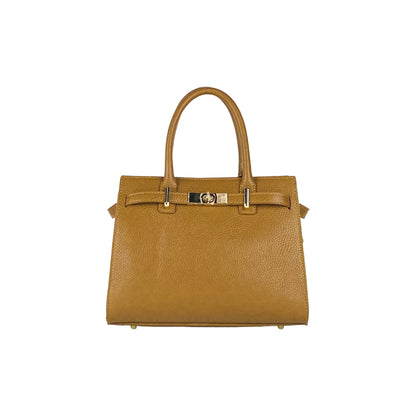 RB1016S | Women's Genuine Leather Handbag Made in Italy with Removable Shoulder Strap. Attachments with Shiny Gold Metal Snap Hooks - Cognac Color - Dimensions: 28 x 20 x 14 + 12.5 cm