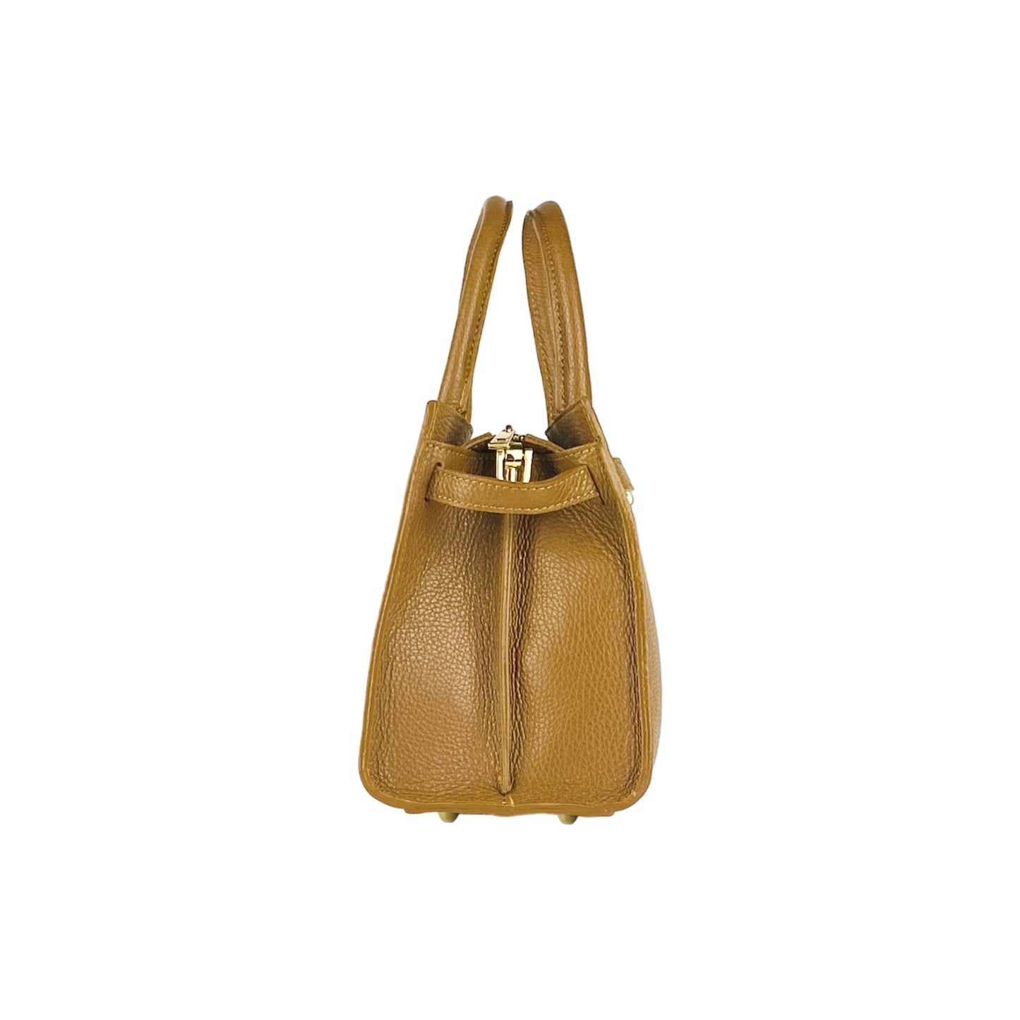 RB1016S | Women's Genuine Leather Handbag Made in Italy with Removable Shoulder Strap. Attachments with Shiny Gold Metal Snap Hooks - Cognac Color - Dimensions: 28 x 20 x 14 + 12.5 cm