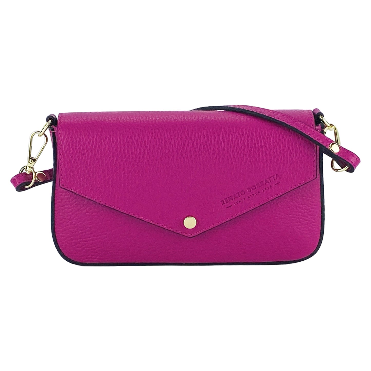 RB1023BE | Small Shoulder Bag with Removable Chain Strap in Genuine Leather Made in Italy. Flap Closure. Polished Gold Metal Accessories - Fuchsia Color - Dimensions: 22 x 12 x 3 cm