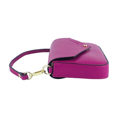 RB1023BE | Small Shoulder Bag with Removable Chain Strap in Genuine Leather Made in Italy. Flap Closure. Polished Gold Metal Accessories - Fuchsia Color - Dimensions: 22 x 12 x 3 cm
