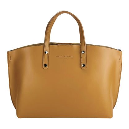RB1024S  | Borsa Donna a Mano in Vera Pelle Made in Italy con tracolla removibile. Sacca grande interna estraibile. Accessori Canna di Fucile Lucido - Colore Cognac - Dimensioni: cm 48x31x11