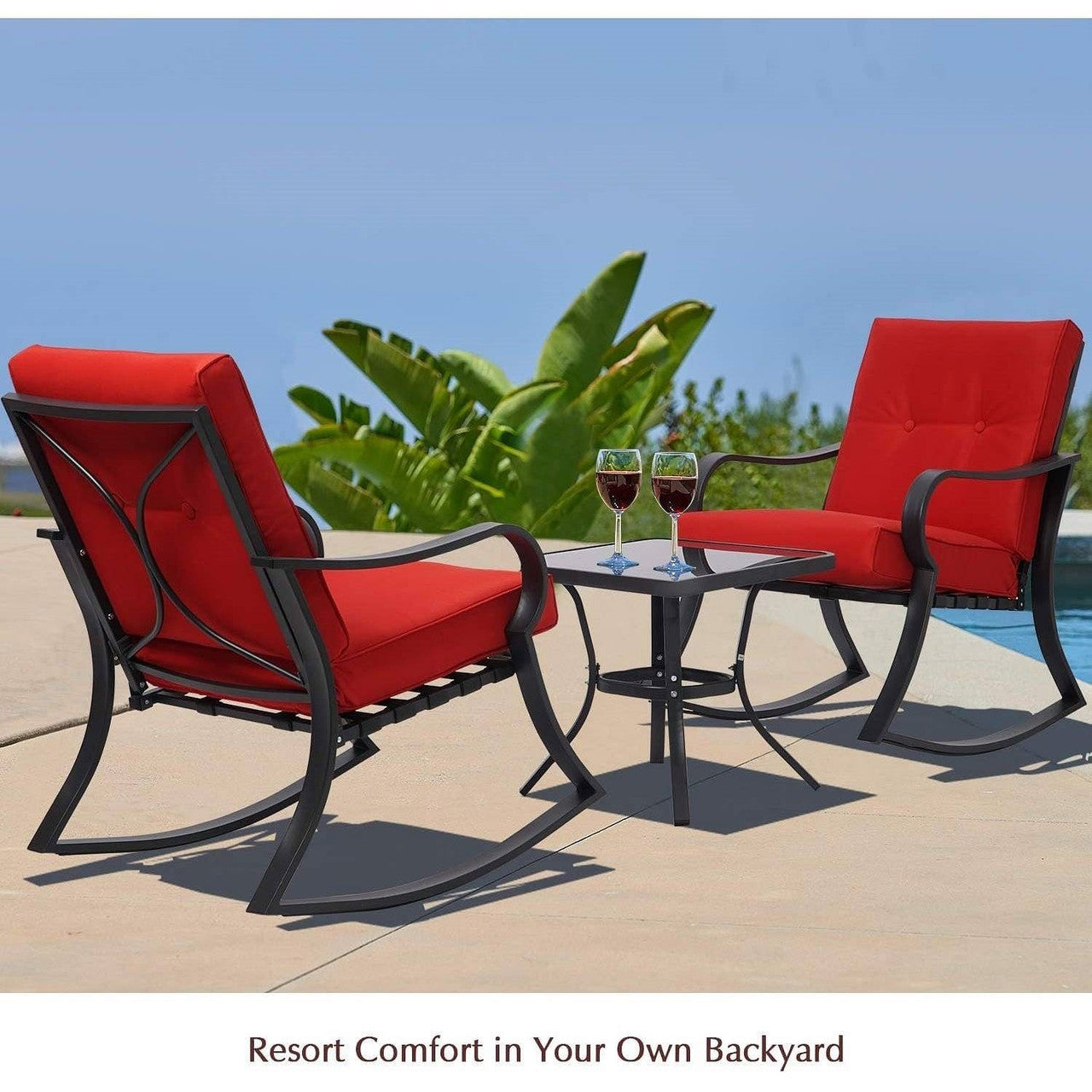 Outdoor 3-Piece Patio Furniture Rocking Chairs Table Set with Red Cushions