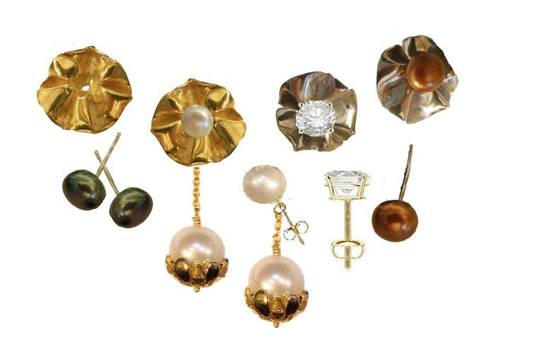 Pearl Drop Earrings-Flower caps in 14K gold with pearls.