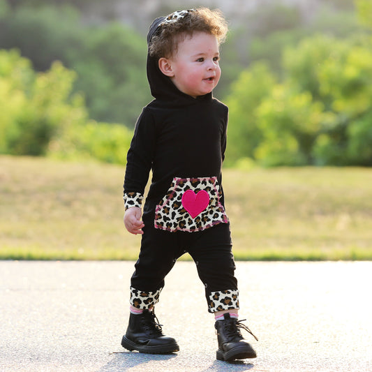 AnnLoren Girls Long Sleeve Leopard Heart Baby Toddler Romper Hoodie One Piece