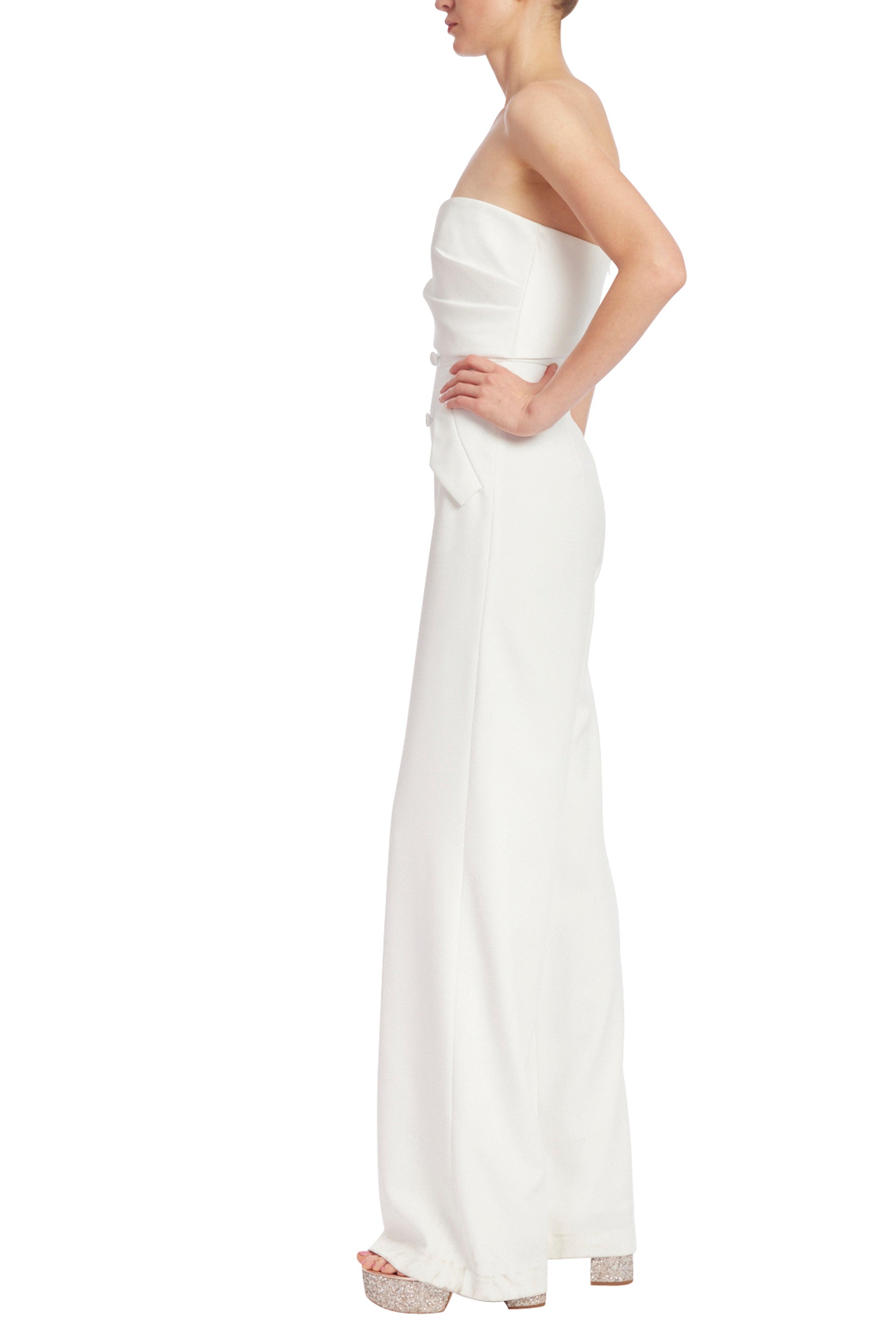 Badgley Mischka Strapless Tuxedo-Style Crepe Faux Pockets Jumpsuit-1