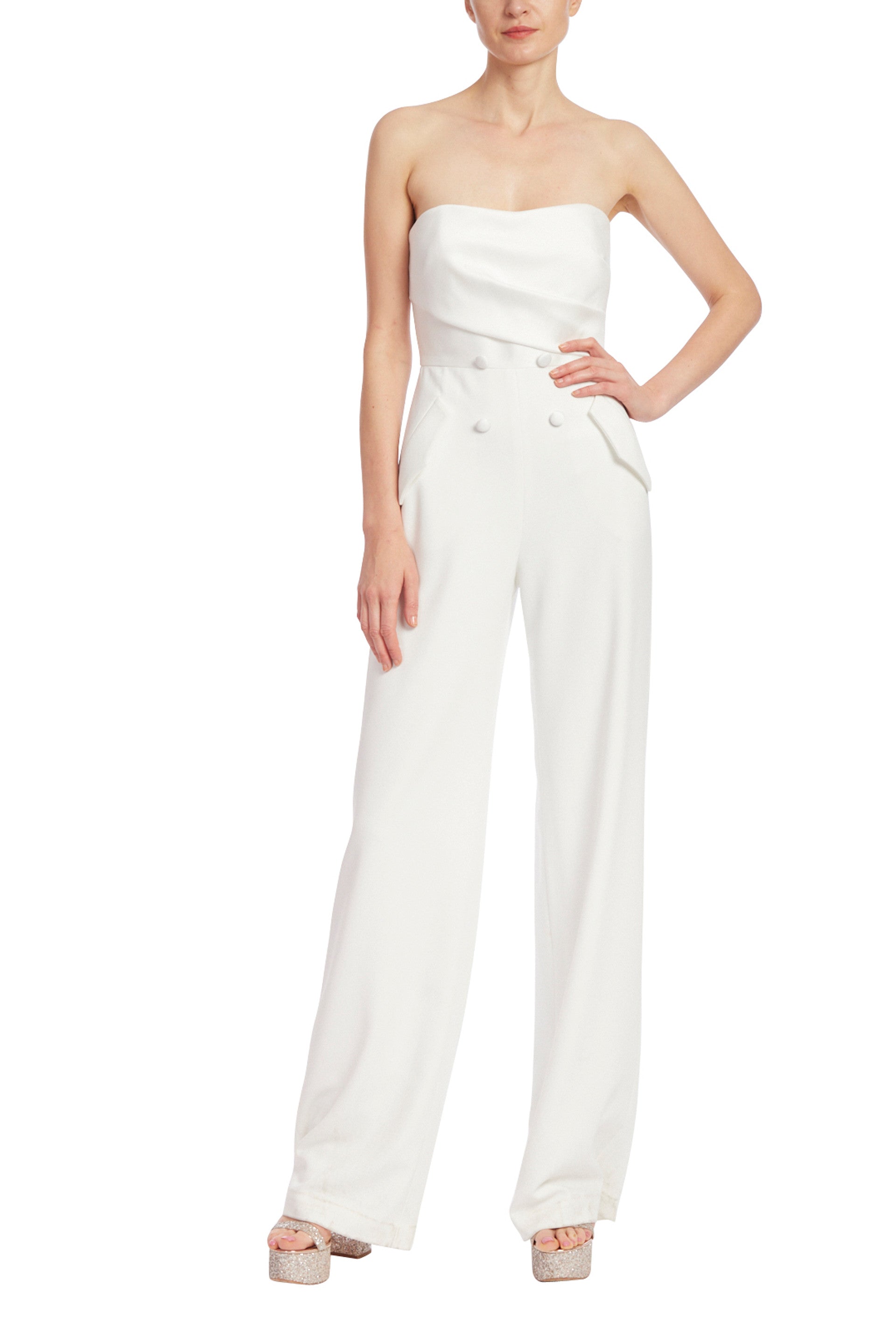 Badgley Mischka Strapless Tuxedo-Style Crepe Faux Pockets Jumpsuit-0