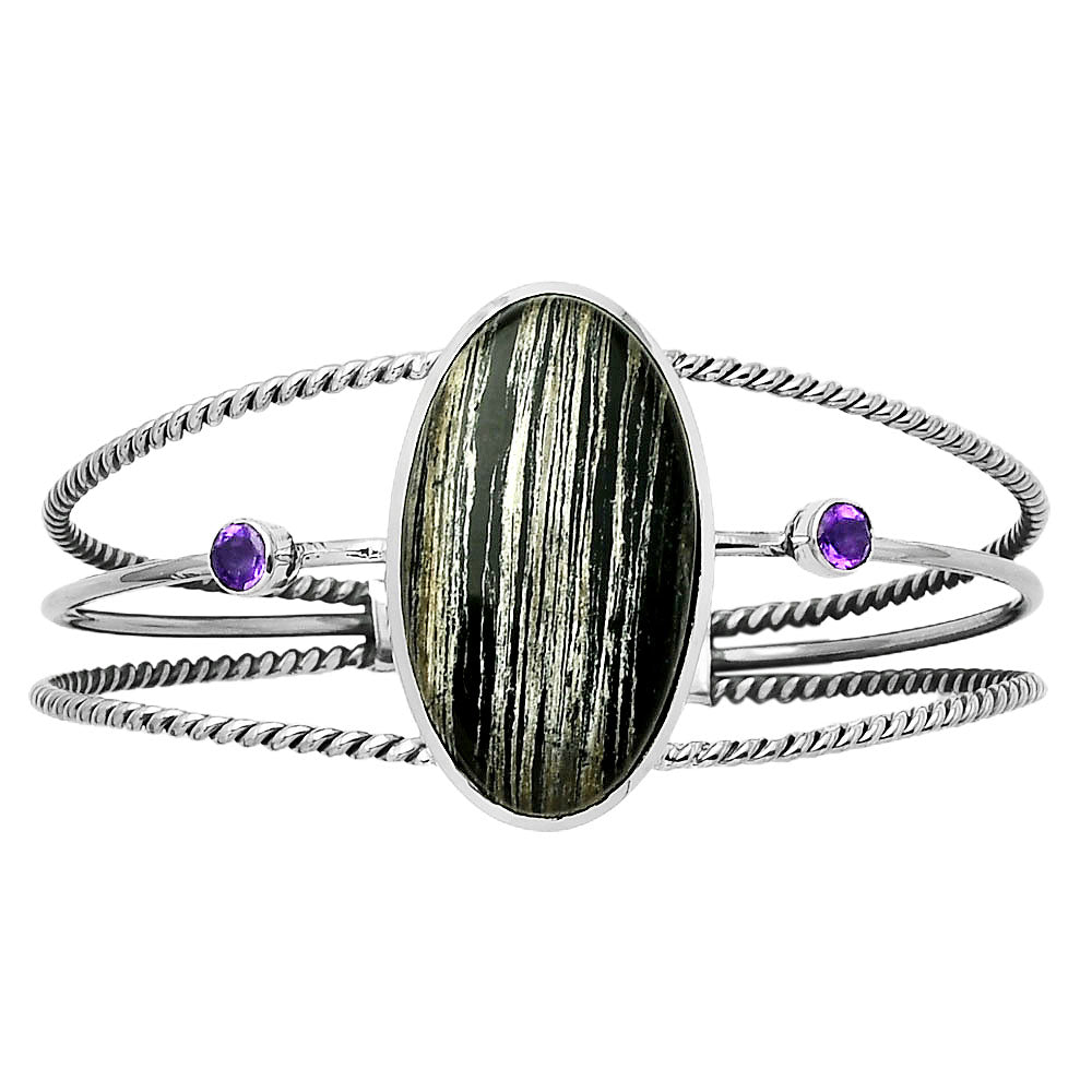 Silver Leaf Obsidian Cuff Bangle Bracelet B-1011 SDB4355-0