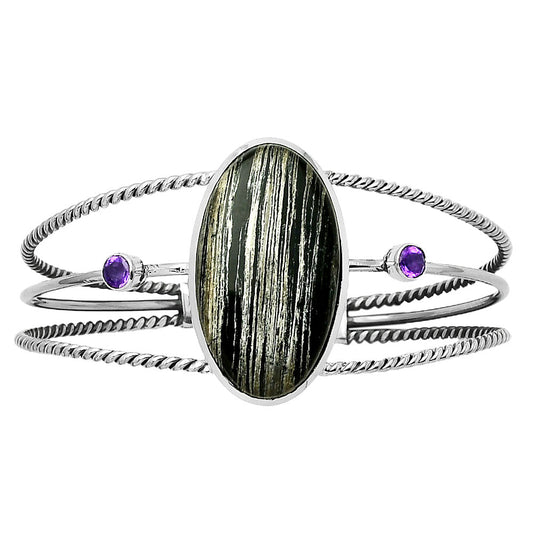 Silver Leaf Obsidian Cuff Bangle Bracelet B-1011 SDB4355-0