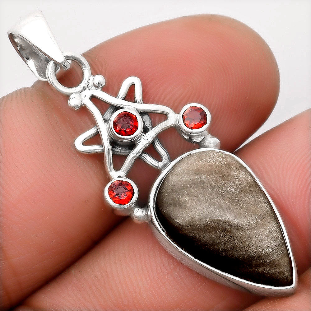 Star Natural Silver Obsidian & Garnet Pendant P-1095 SDP107516
