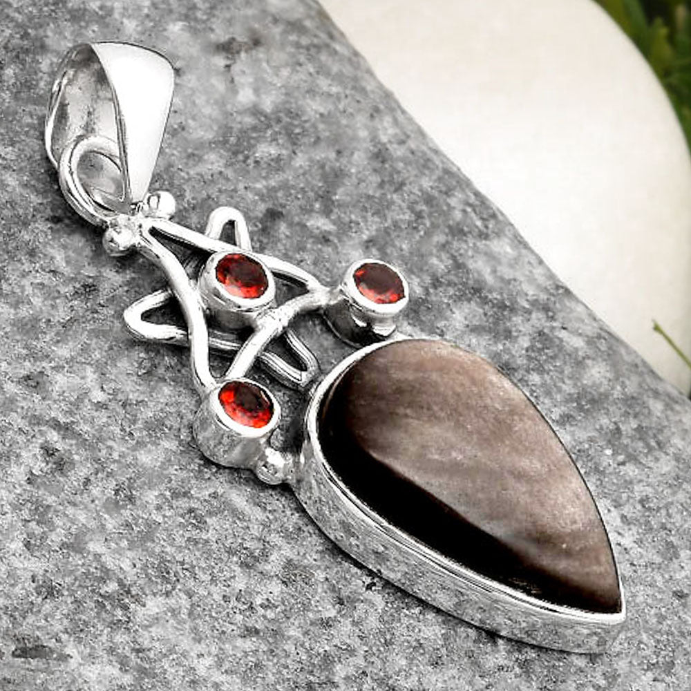 Star Natural Silver Obsidian & Garnet Pendant P-1095 SDP107516