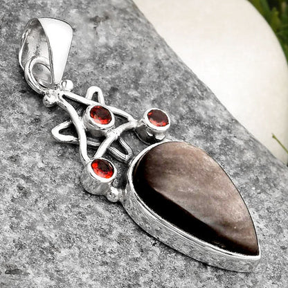 Star Natural Silver Obsidian & Garnet Pendant P-1095 SDP107516
