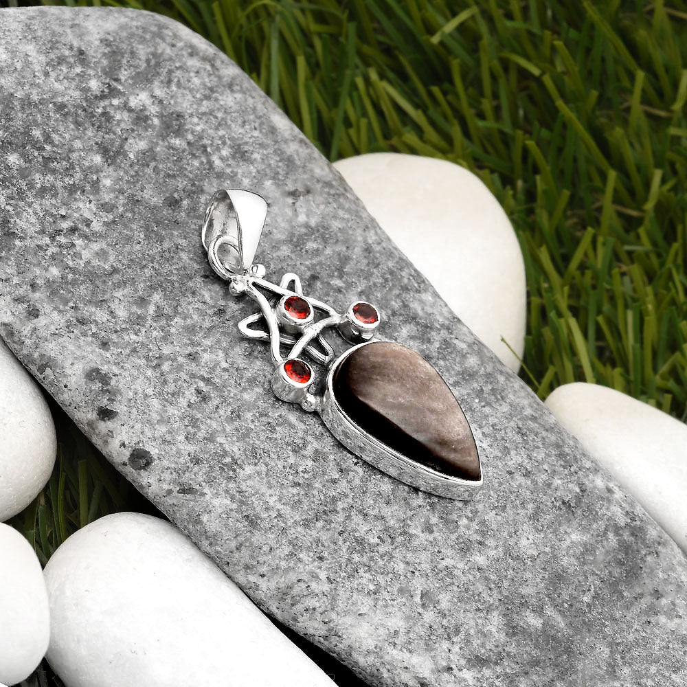 Star Natural Silver Obsidian & Garnet Pendant P-1095 SDP107516