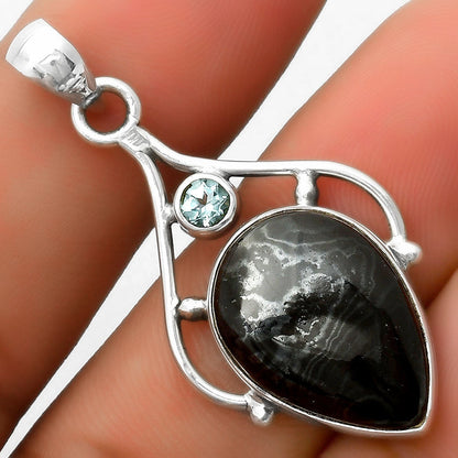 Crown Of Silver Psilomelane Black Malachite & Sky Topaz Silver Pendant P-1575 SDP113483